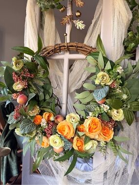 Handmade Grapevine Wreath with Orange Ranunculus and Peaches